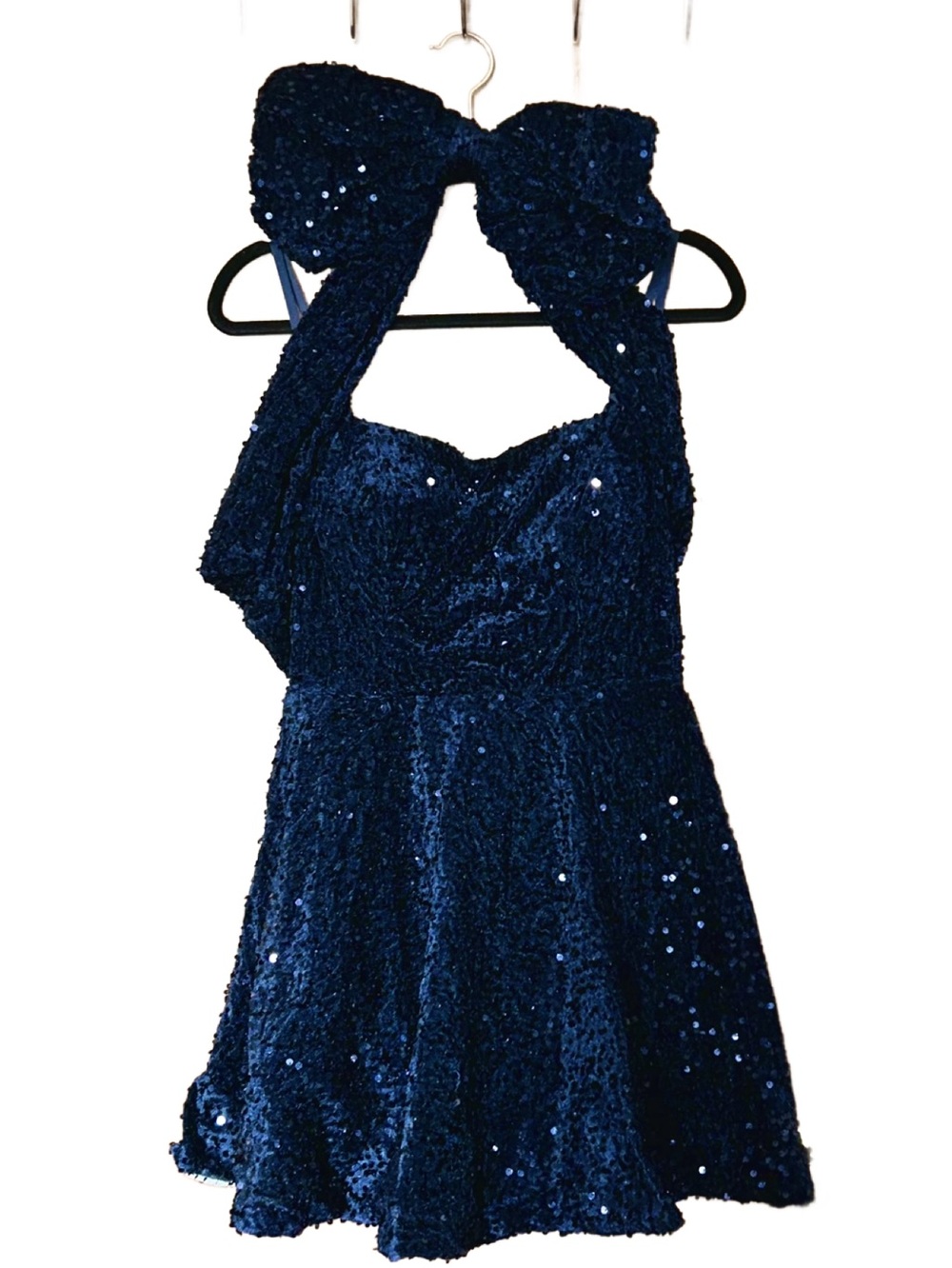 Navy Blue Mini Dress w/ Sequins & Detachable Bow. Special Event Dress